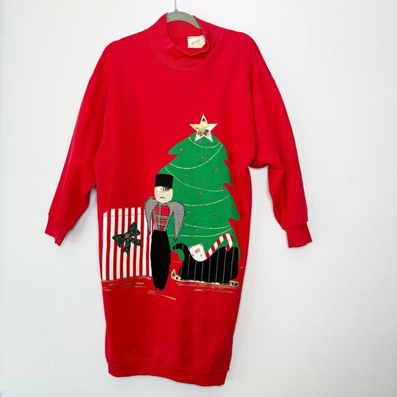 Vintage Christmas Tree Sweatshirt Dress One Size Holiday USA Texas Solider - Picture 1 of 12